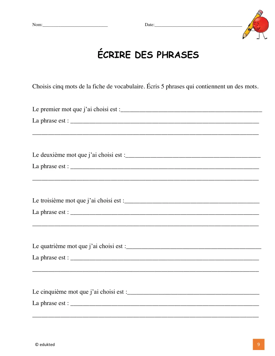 French sentence-writing activity asks students to choose five vocabulary words and write a sentence for each