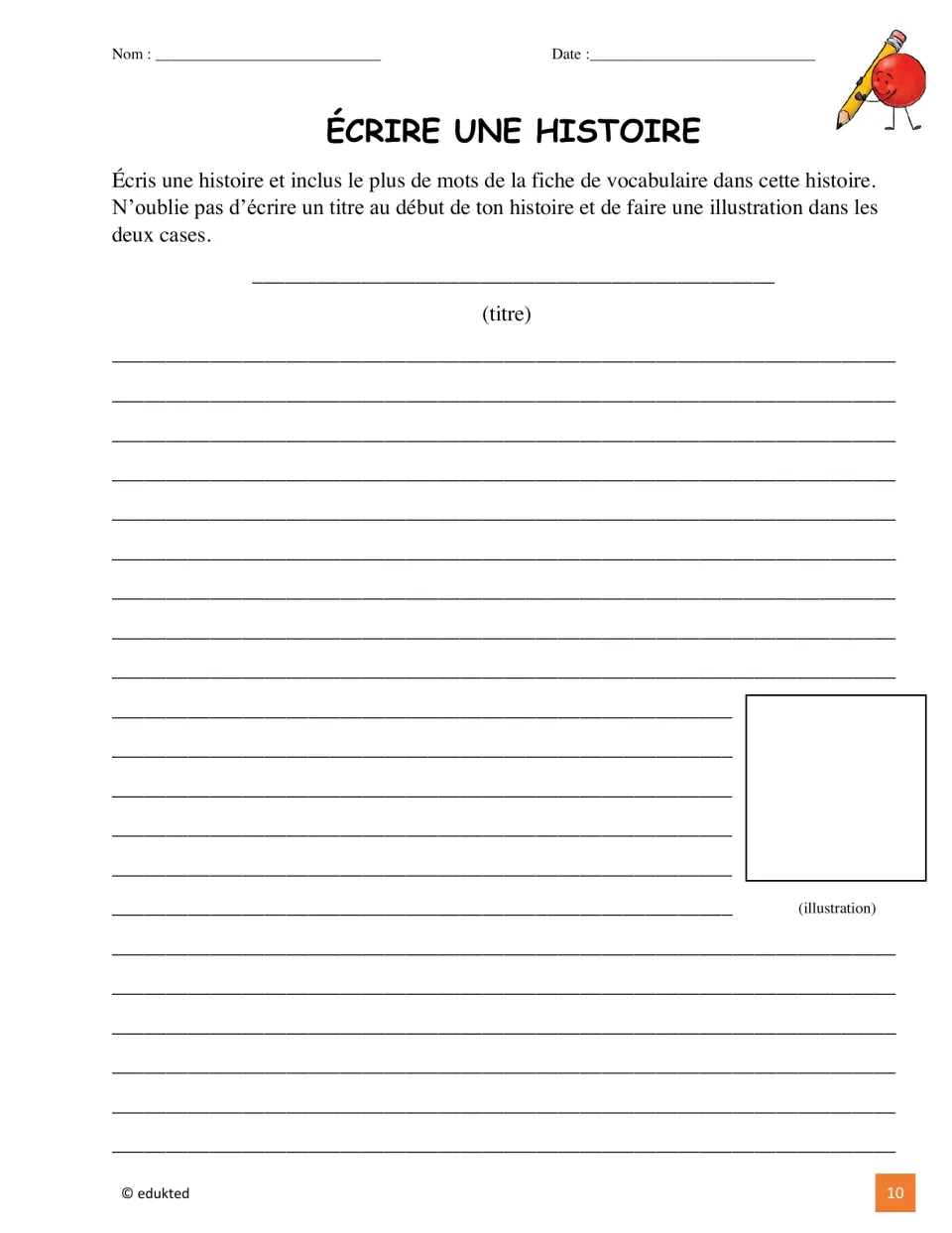 French story-writing activity asks students to use as many vocabulary words as possible and add a title and art