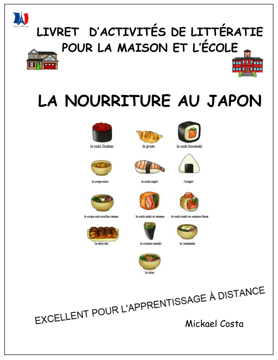 French literacy workbook cover introducing Japanese food vocabulary for home and school, by Mickael Costa