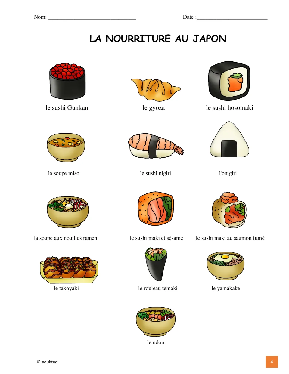 Illustrated French reference for 13 Japanese foods, including la soupe miso (miso soup), gyoza, and onigiri