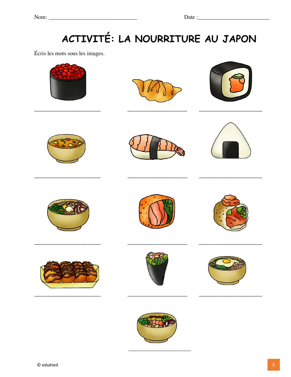 French food labeling activity asks students to write the names of 13 pictured foods, including sushi and udon