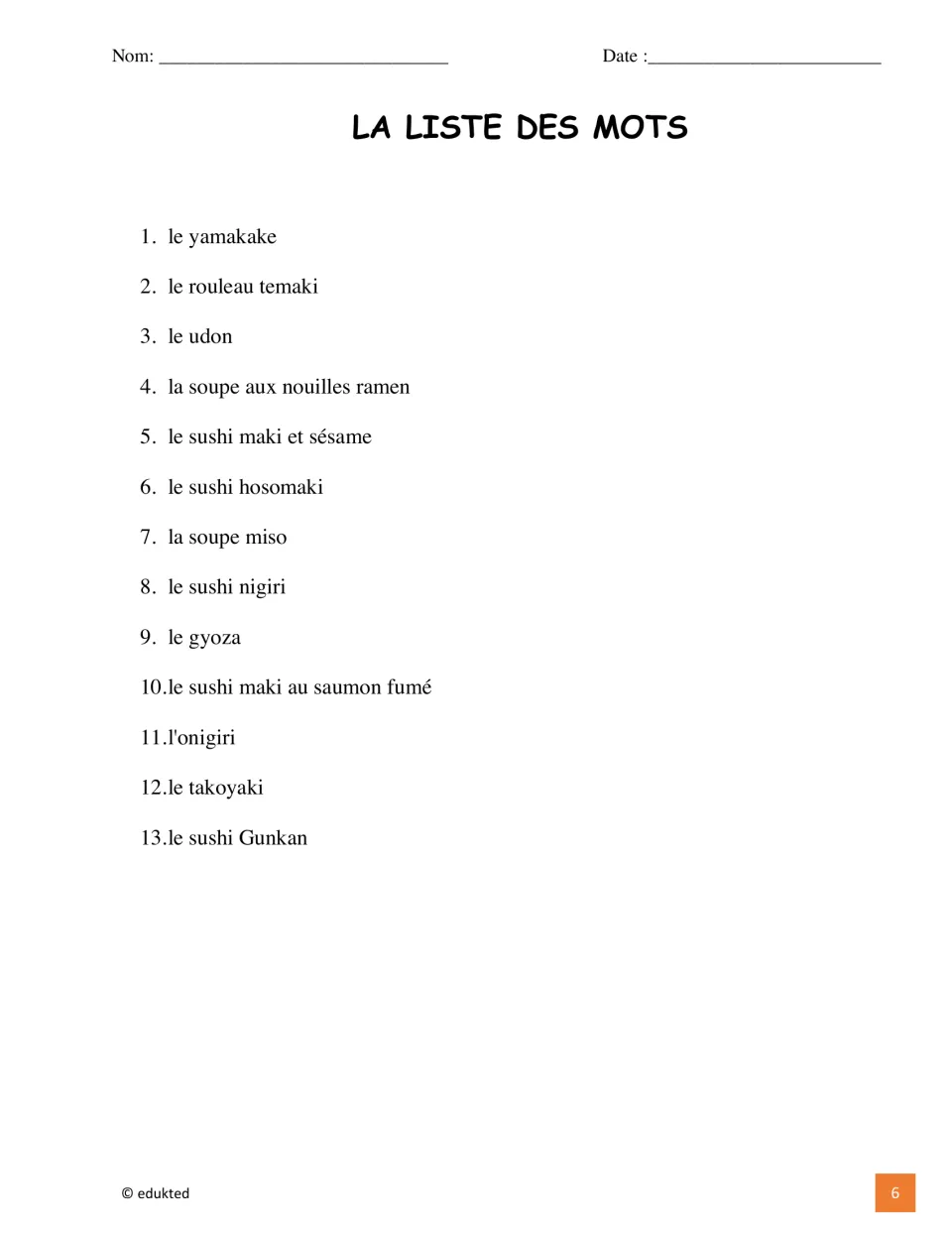 French vocabulary list of 13 Japanese foods includes le rouleau temaki (temaki roll), udon, and takoyaki