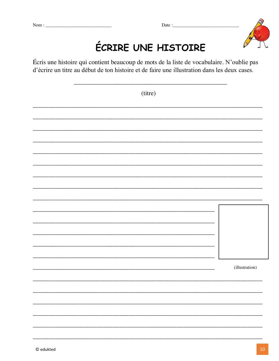 French story-writing activity asks students to use many vocabulary words, add a title, and illustrate their story