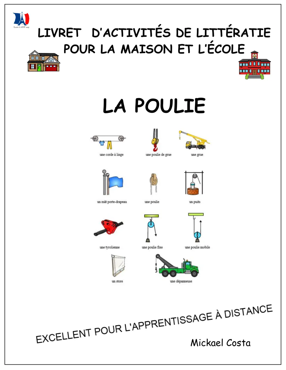 Cover of La poulie (The Pulley), a French literacy booklet for home and school, showing pulley examples