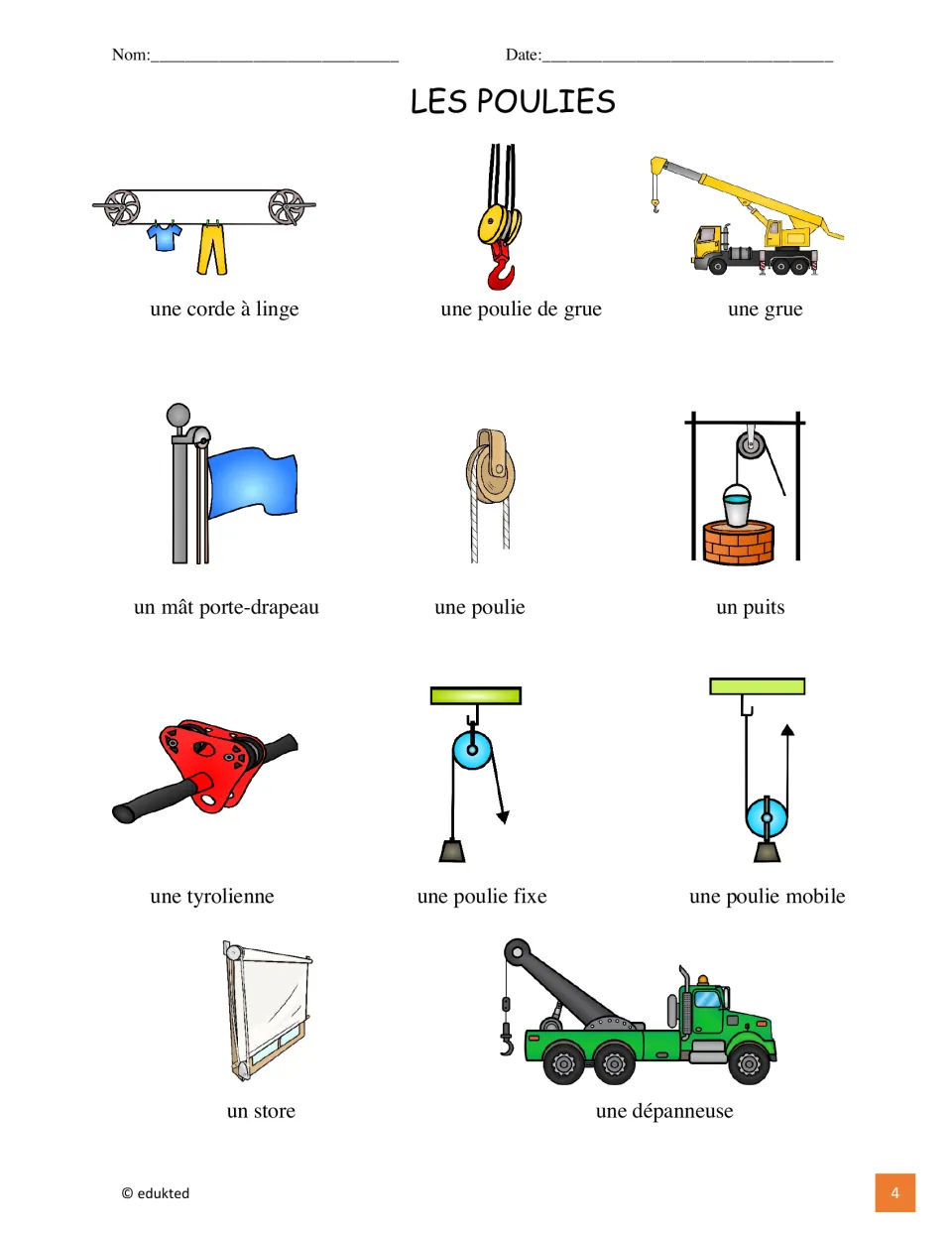 Illustrated French reference for 11 pulley terms, including une grue (crane) and un puits (well)