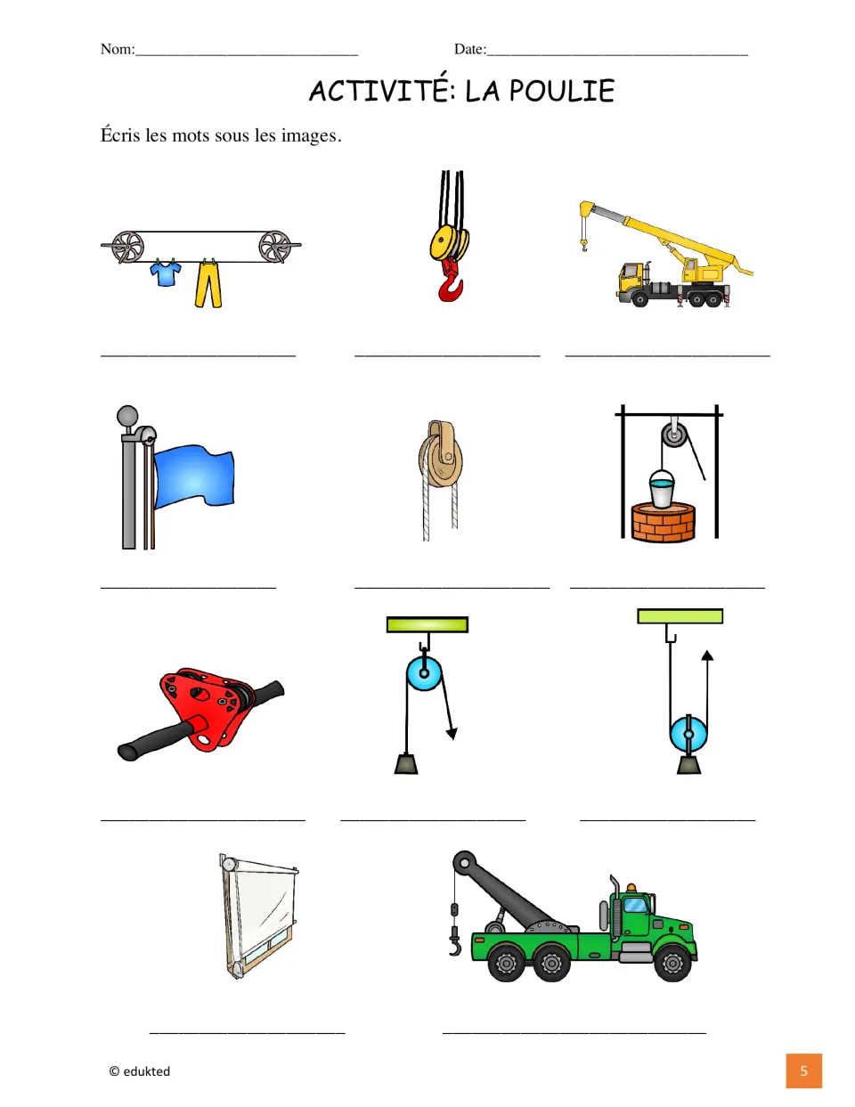 French pulley vocabulary labeling activity using 11 pictures, including a crane, well, and tow truck