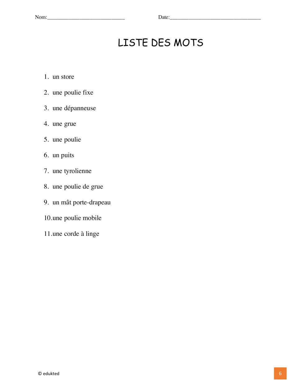 French word list of 11 pulley terms, including un store (blind) and une corde à linge (clothesline)