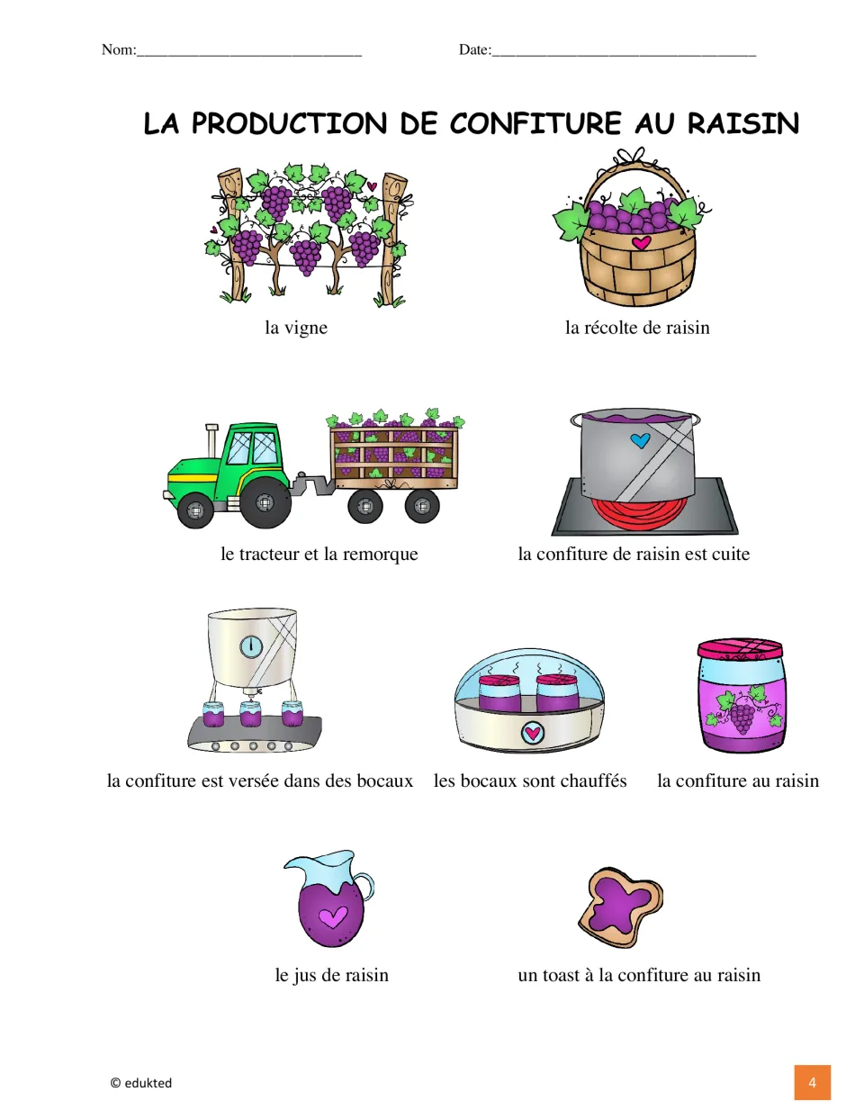 French vocabulary reference illustrates nine entries, including la vigne (vine) and le jus de raisin (grape juice).