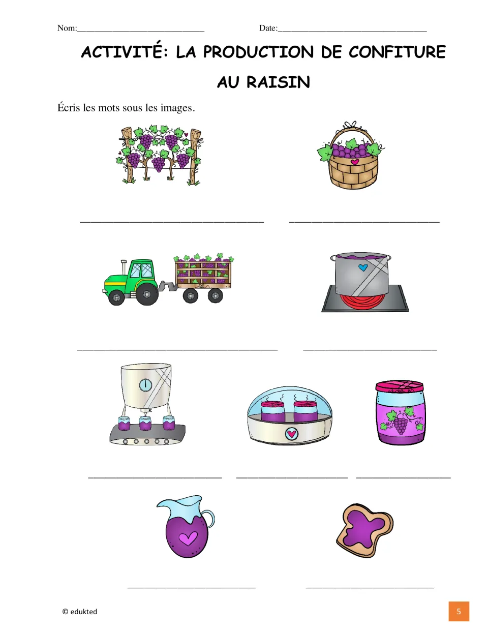 French grape jam vocabulary activity asks students to label nine pictures using the booklet’s words and phrases.