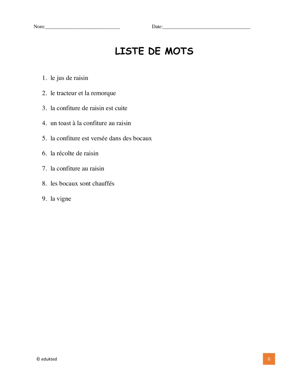 French vocabulary list gives nine grape jam entries, including la récolte de raisin (grape harvest).