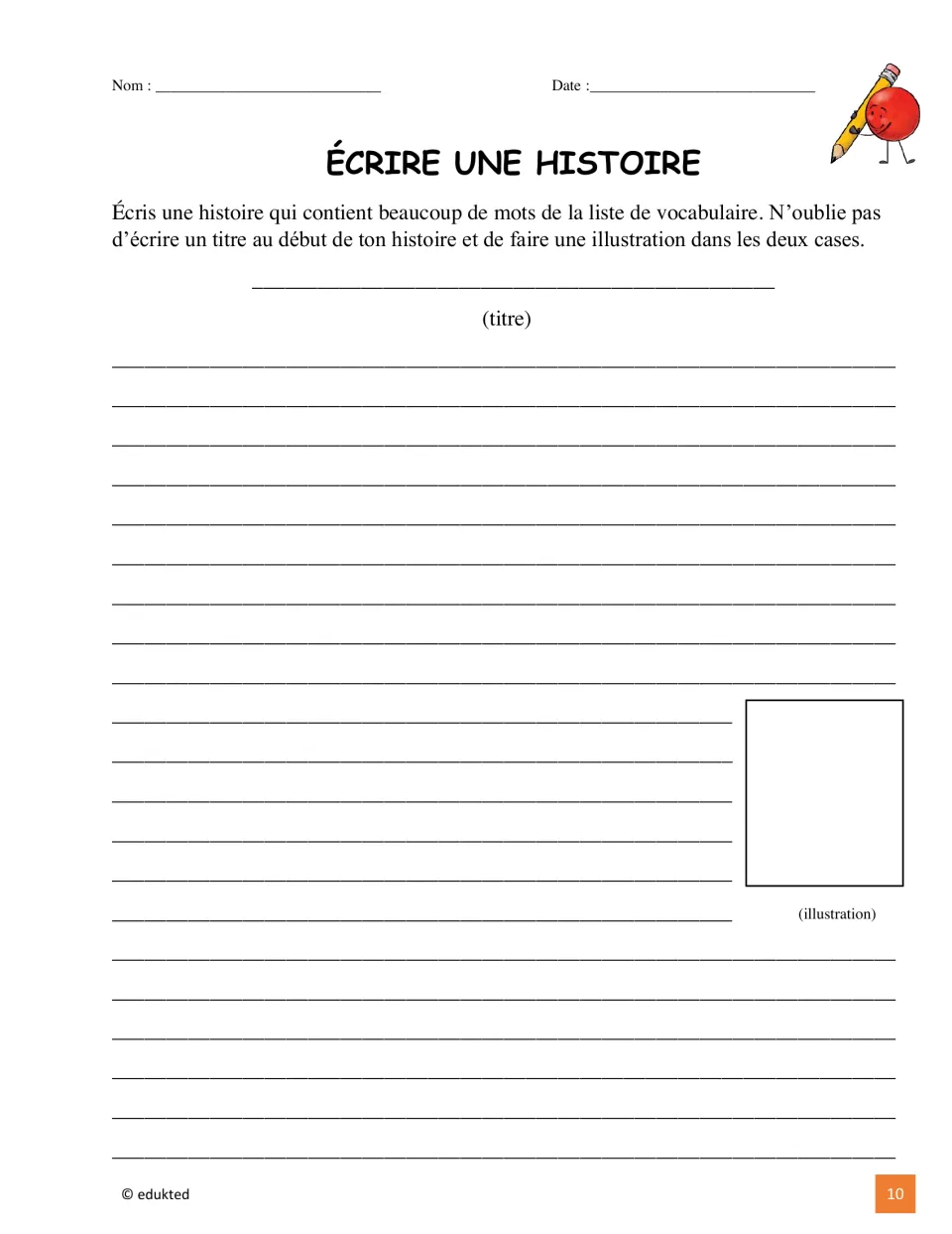 French story-writing task begins a two-page activity using vocabulary words, a title, and two illustrations.