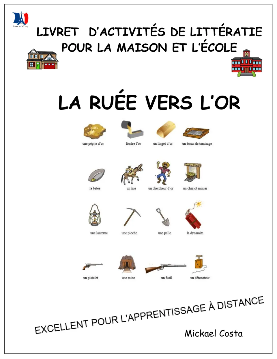 French Gold Rush literacy workbook cover showing 16 illustrated vocabulary terms for home and school use