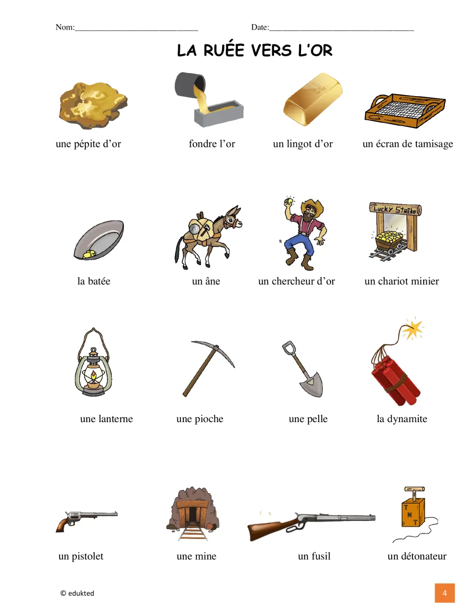 Gold Rush vocabulary reference illustrates 16 French terms, including une pépite d’or (a gold nugget)
