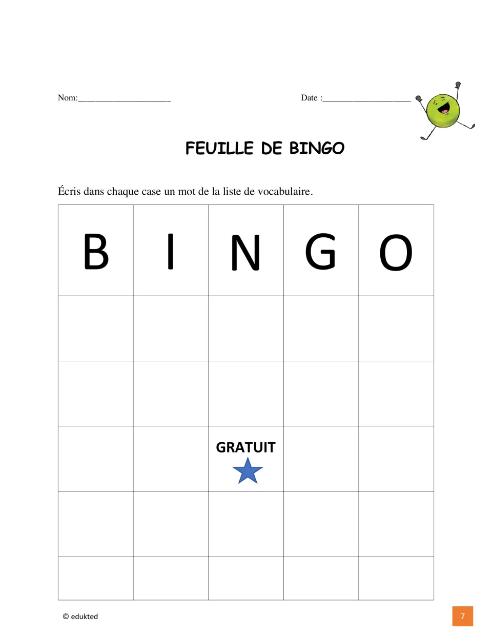 French vocabulary bingo activity asks students to fill their card with words from the workbook’s list