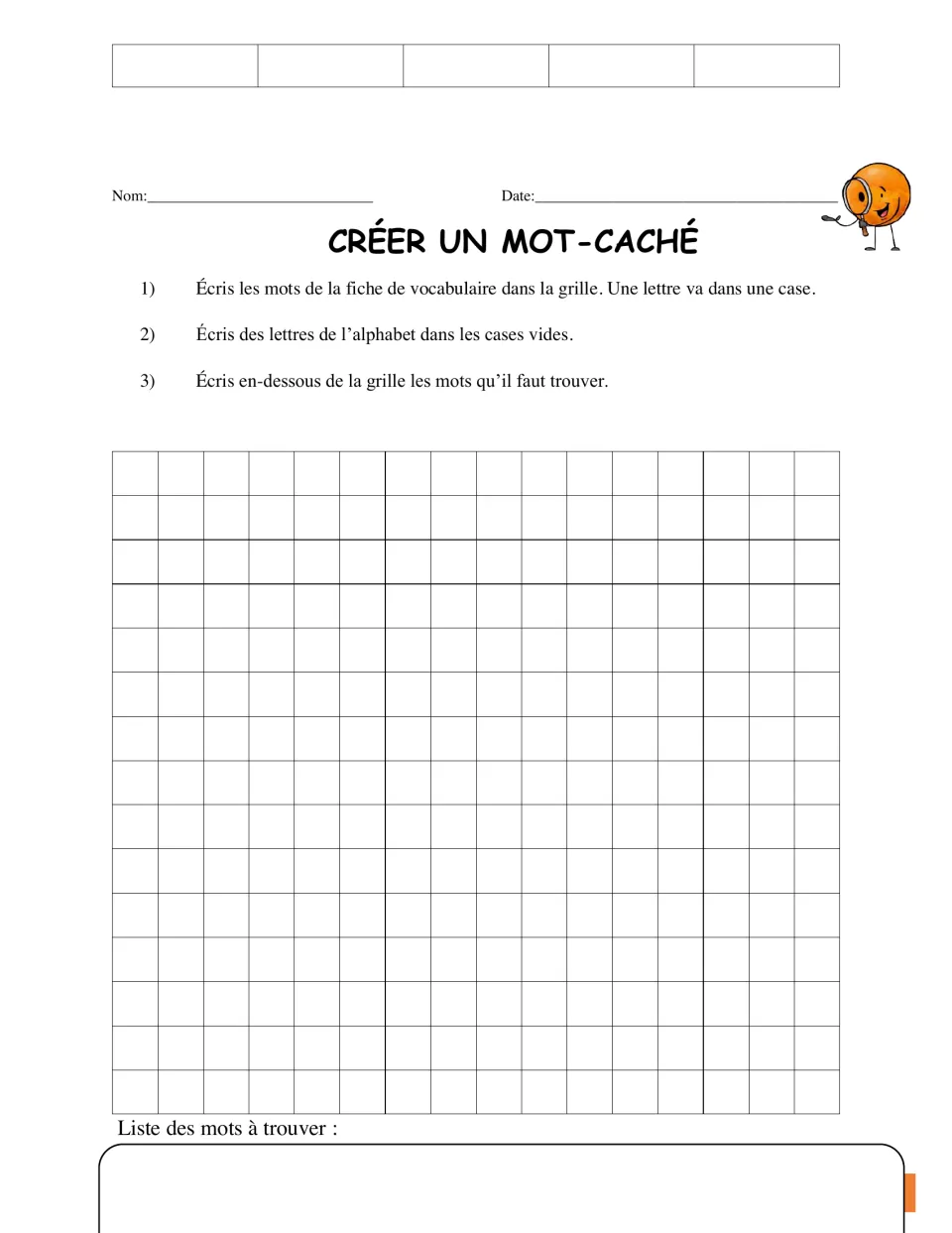 French word-search activity asks students to place vocabulary words, add filler letters, and list the words
