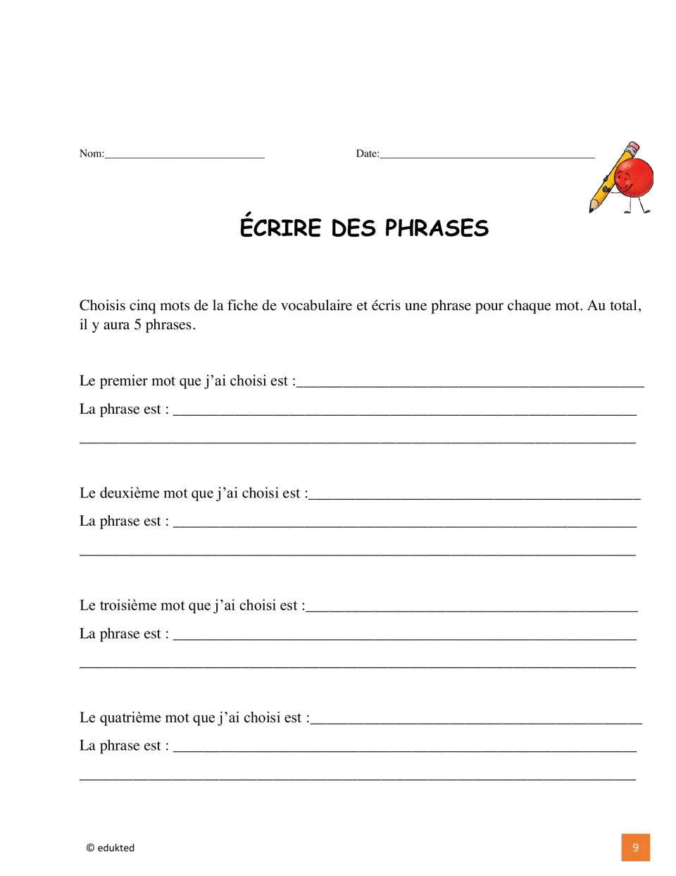 French sentence-writing activity asks for five vocabulary sentences; this page provides prompts for four