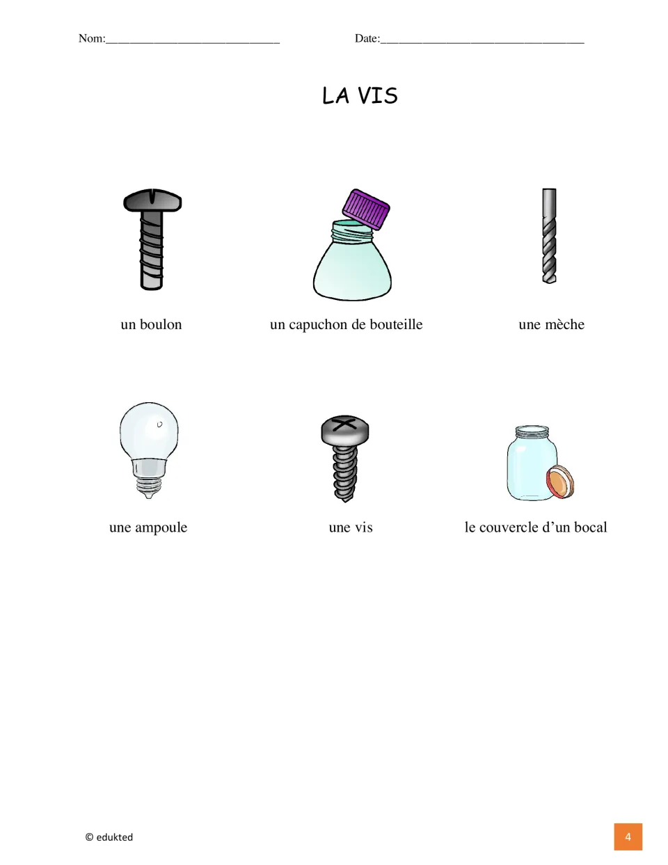 Illustrated French vocabulary reference: un boulon (bolt), une ampoule (light bulb), une vis (screw), and three more