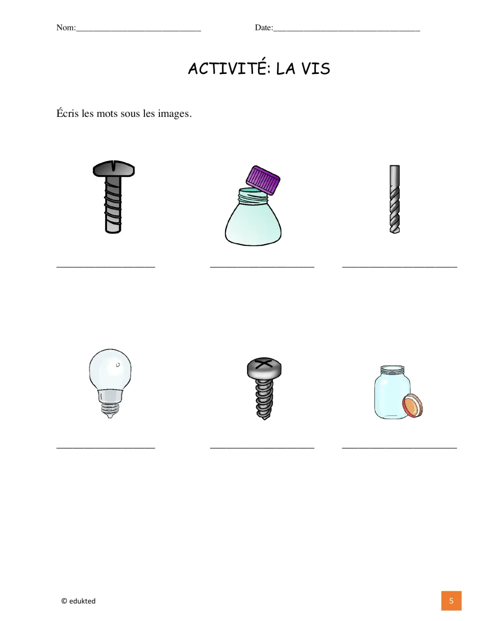 French vocabulary labeling activity asks students to name a bolt, bottle cap, drill bit, light bulb, screw, and jar lid