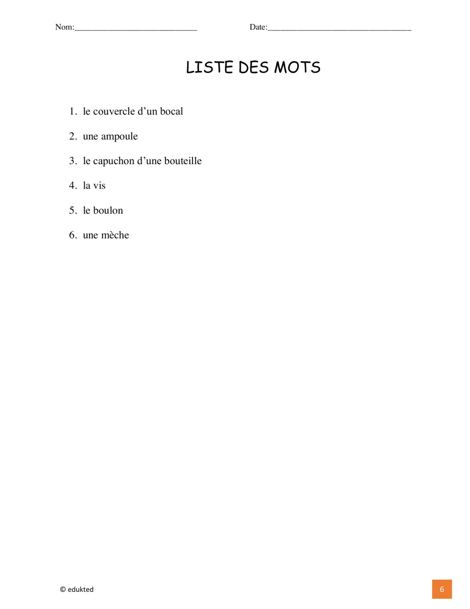 French word list for the booklet: jar lid, light bulb, bottle cap, screw, bolt, and drill bit vocabulary