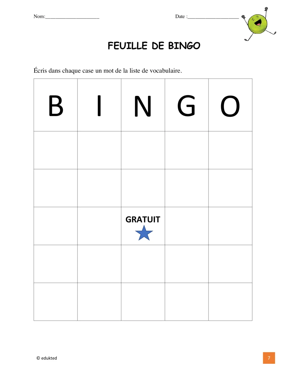 French vocabulary bingo activity directs students to fill their bingo sheet using words from the vocabulary list