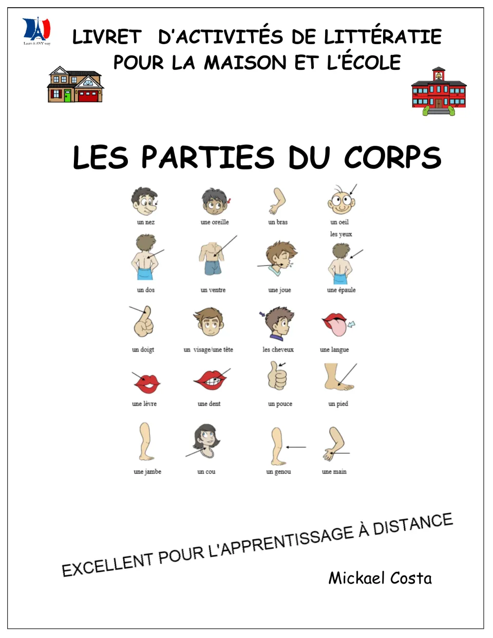 French literacy booklet cover: Les parties du corps (body parts), for home and school, by Mickael Costa