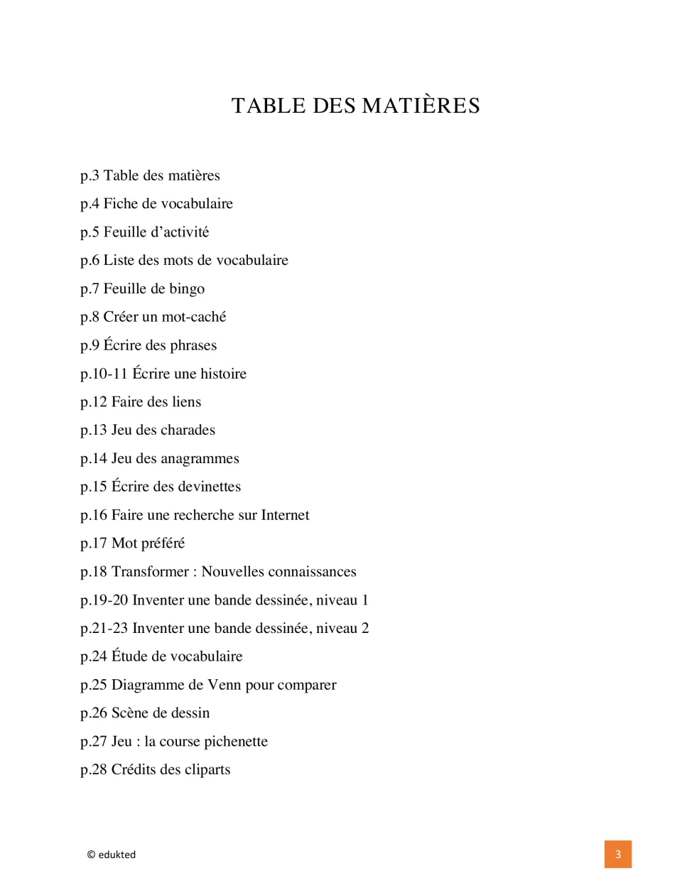 Table of contents lists body vocabulary, bingo, writing, charades, comics, and other activities through page 28