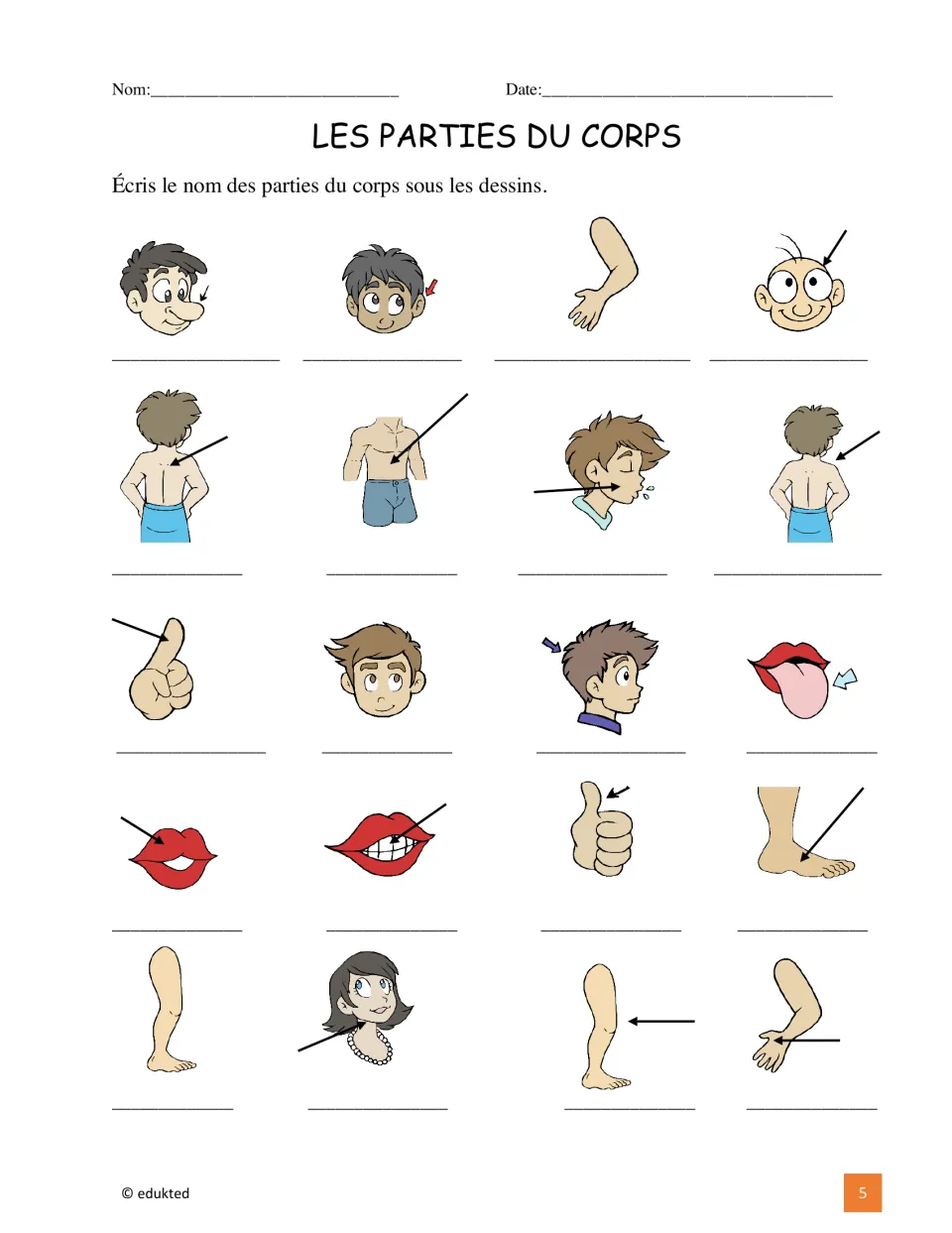 French body vocabulary labeling activity asks students to name 20 pictured entries, including nose, ear, and arm
