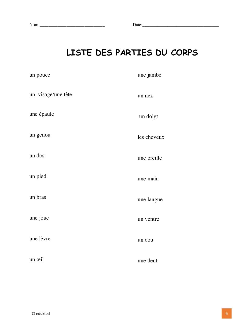 French body vocabulary list has 20 entries, including un pouce (thumb), une épaule (shoulder), and un genou (knee)