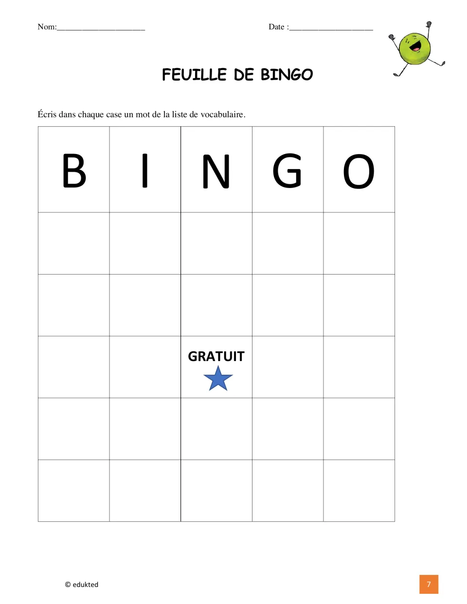 French vocabulary bingo activity asks students to fill their card with words from the booklet's vocabulary list
