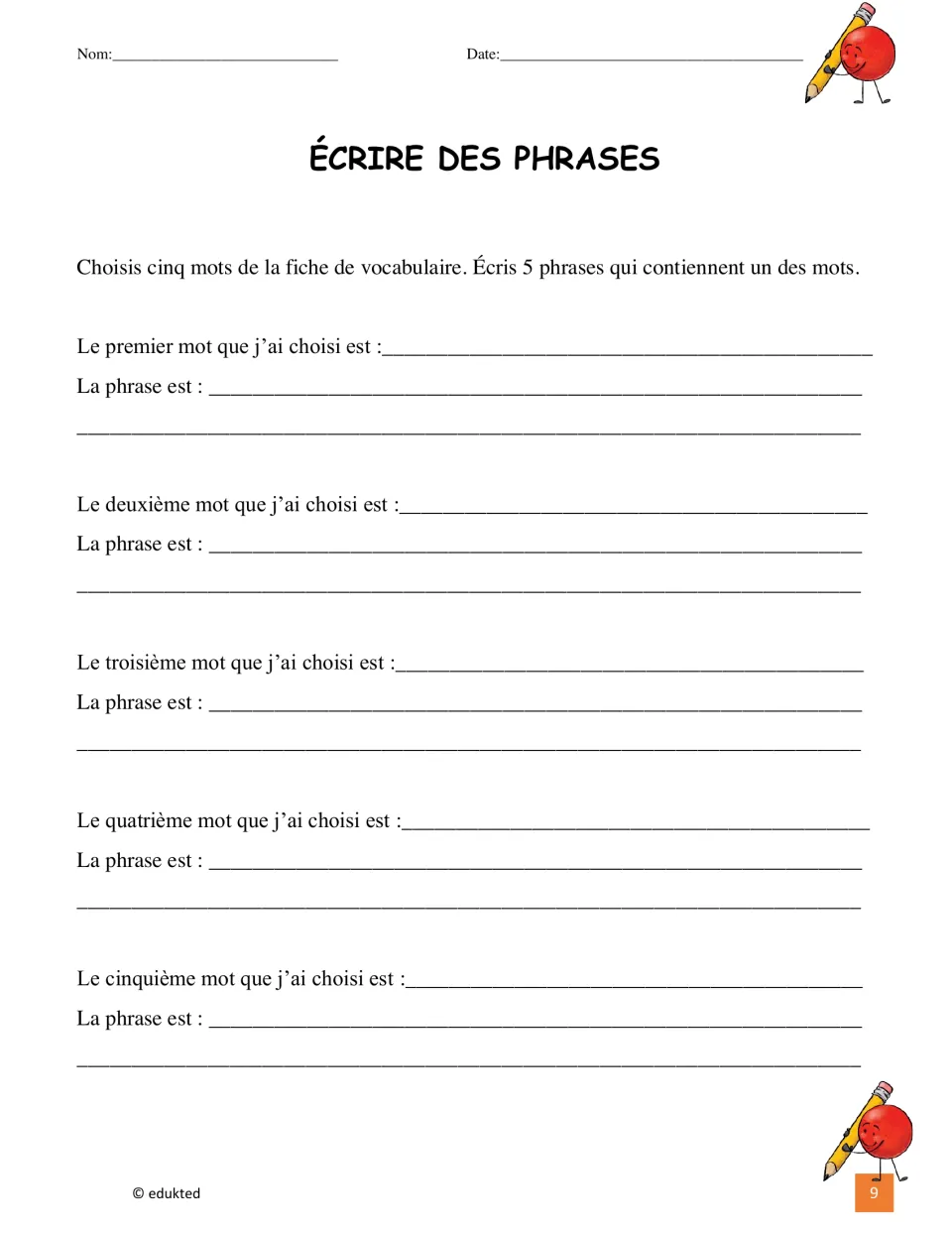 French sentence-writing activity asks students to choose five vocabulary words and write a sentence for each