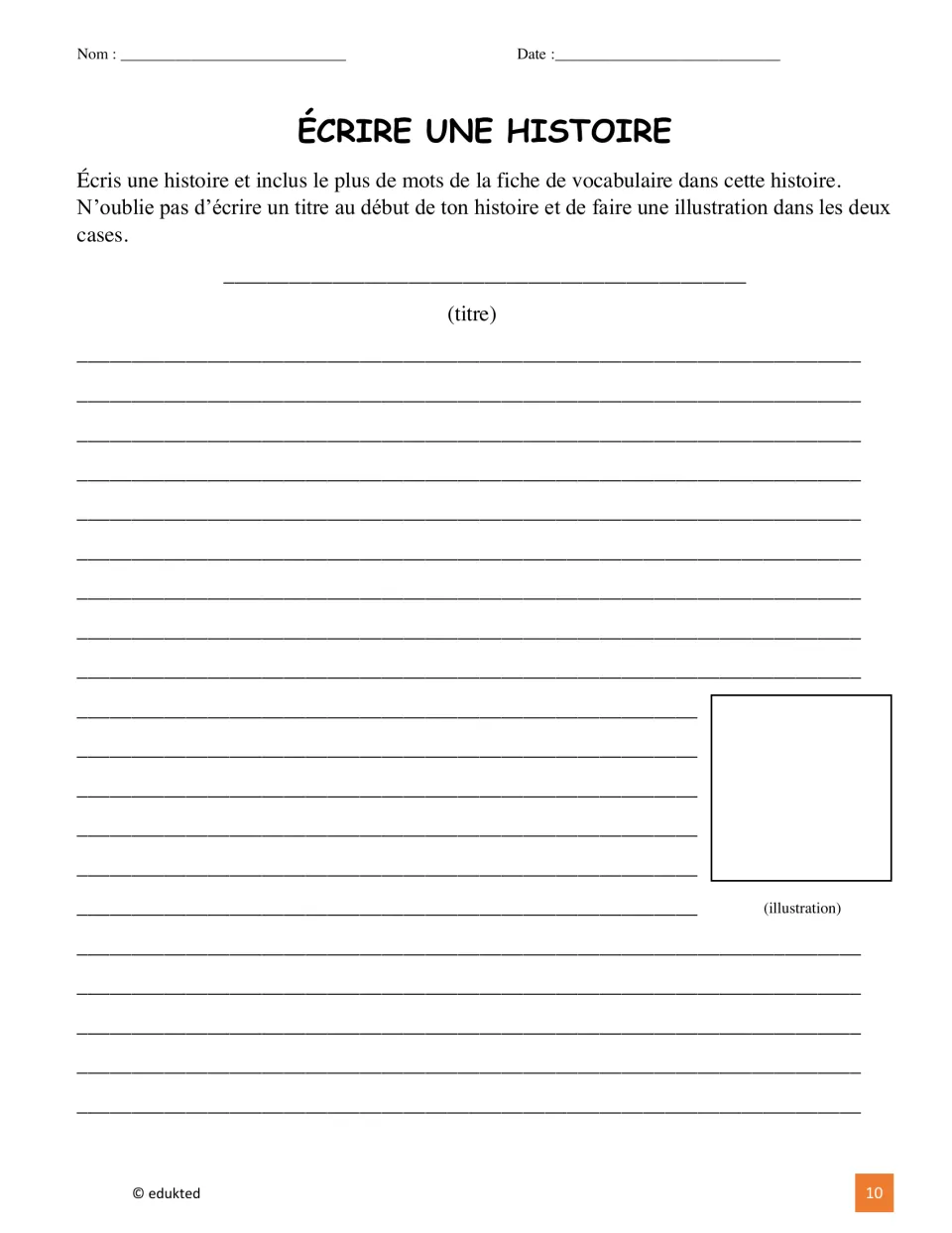 French story-writing activity asks students to use as many vocabulary words as possible and add a title and art