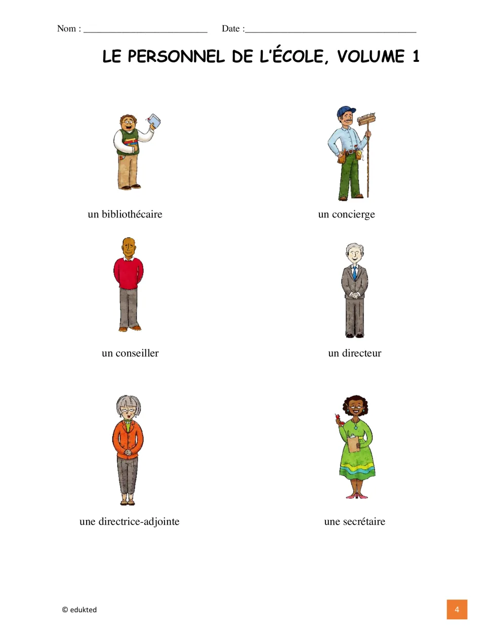 Illustrated French school staff vocabulary: librarian, custodian, counselor, principal, vice principal, secretary