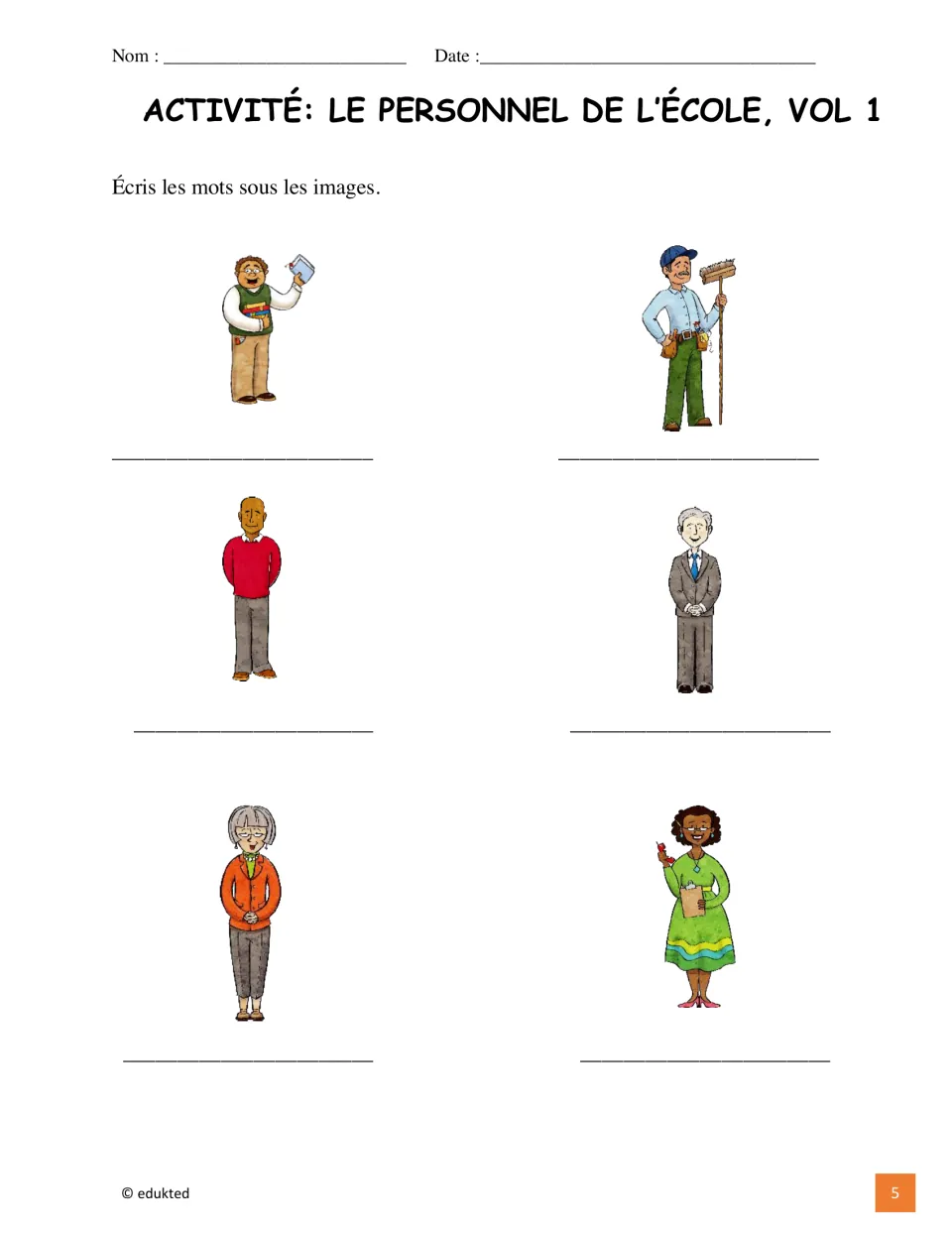 School staff labeling activity asks students to write the French words beneath six staff illustrations