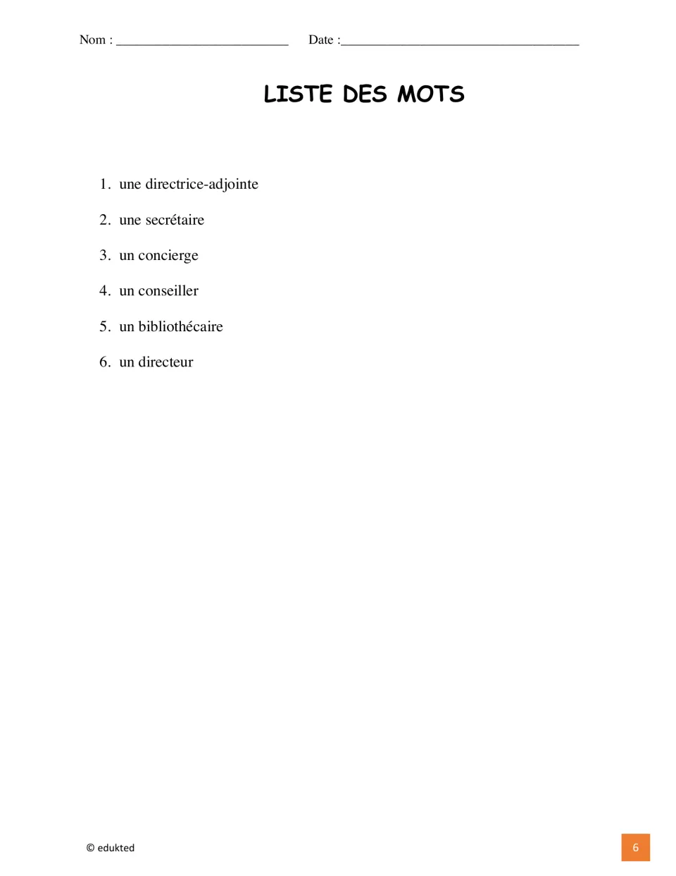 French school staff word list: une secrétaire (secretary), un concierge (custodian), and four more terms