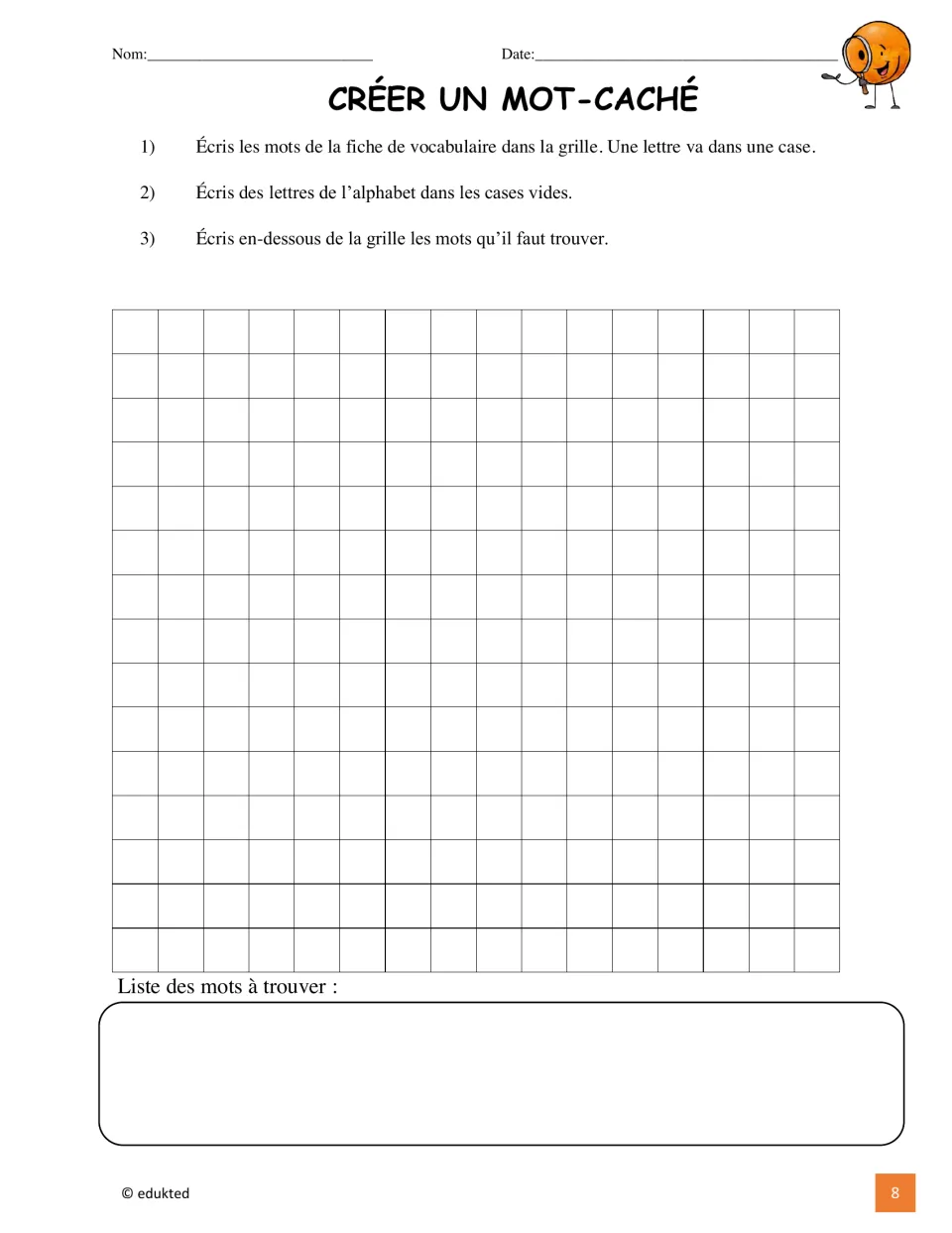 Word search creation activity asks students to place vocabulary words, add letters, and list words to find