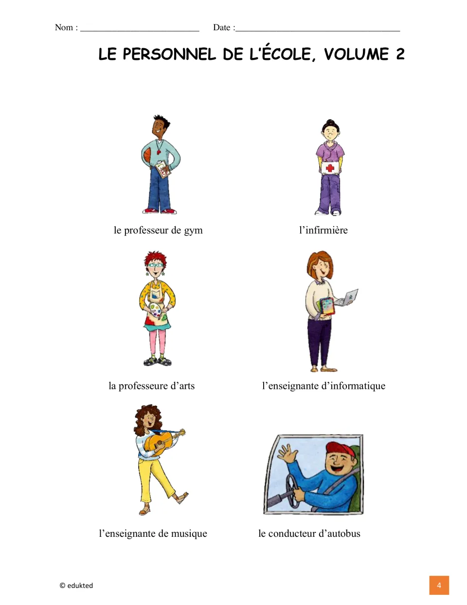 Illustrated French vocabulary reference names the gym teacher, nurse, art, computer and music teachers, and bus driver