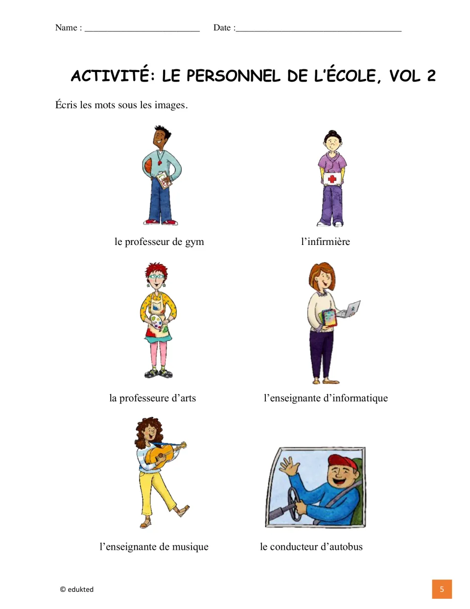 French school staff activity asks students to write words under six pictures; staff labels are already printed