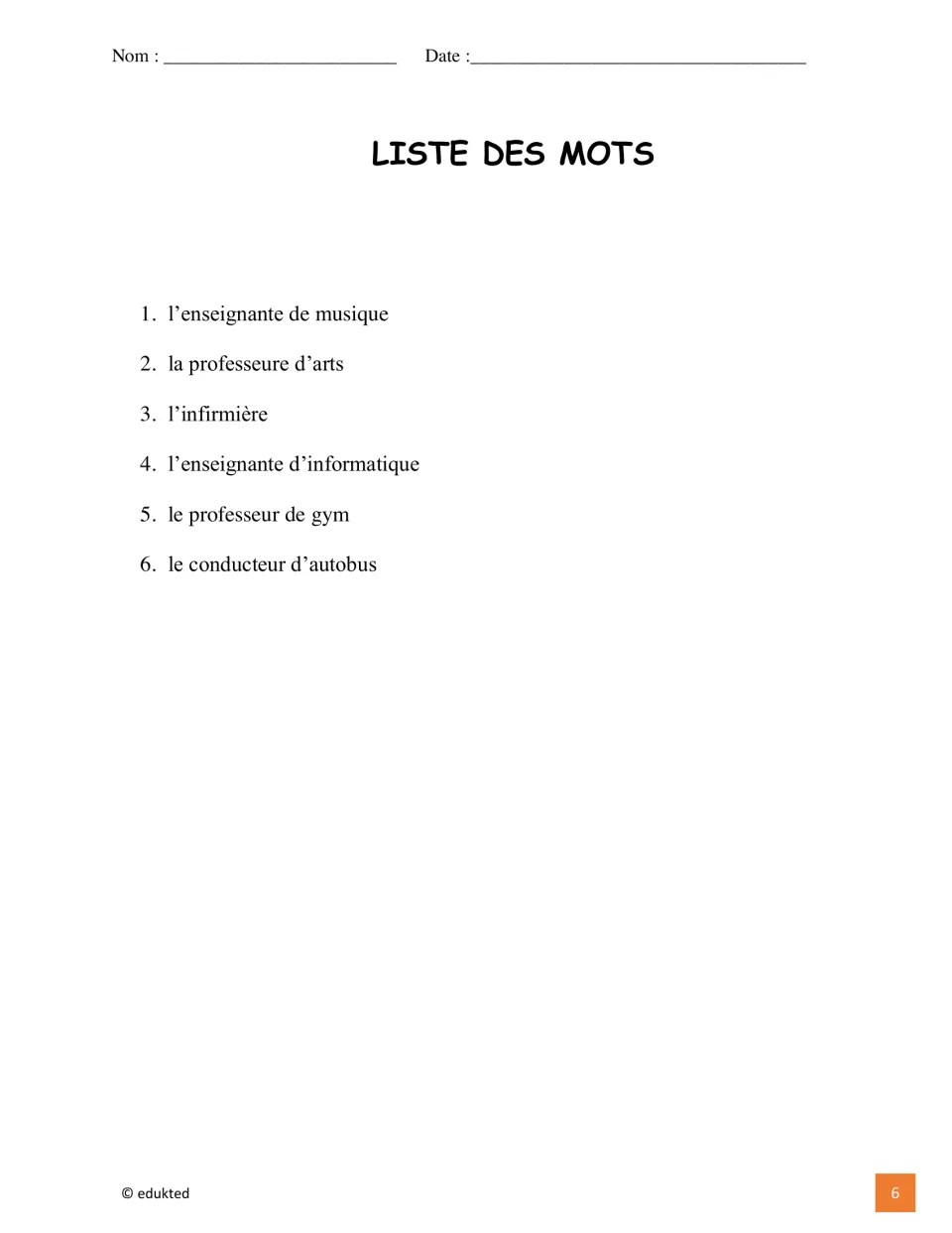 Six-term French school staff word list includes l’infirmière (nurse) and le conducteur d’autobus (bus driver)