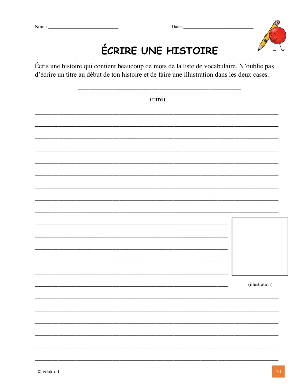 French story-writing activity asks students to use vocabulary words, add a title, and illustrate their story