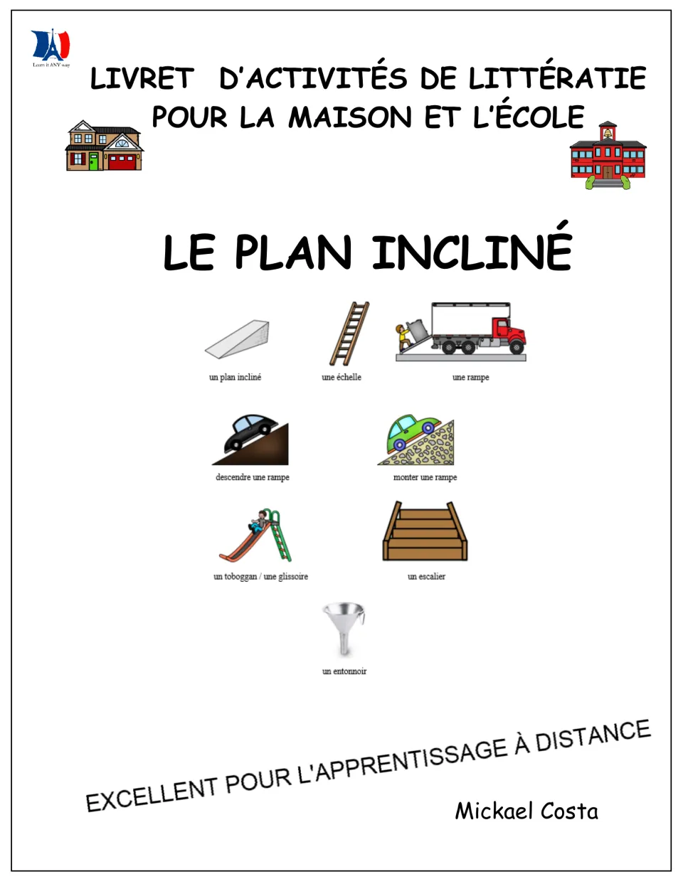 French inclined-plane literacy booklet cover showing ramps, a ladder, stairs, a slide, and a funnel