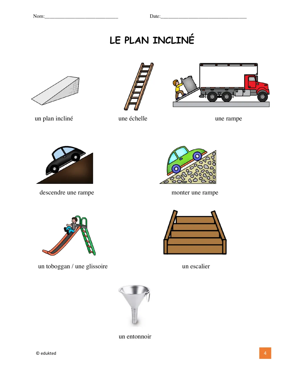Illustrated French vocabulary reference: une rampe (ramp), une échelle (ladder), and six more entries