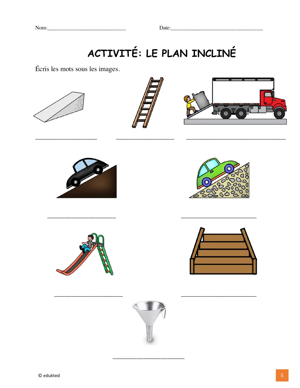 French vocabulary labeling activity asks students to name eight pictures from the inclined-plane reference