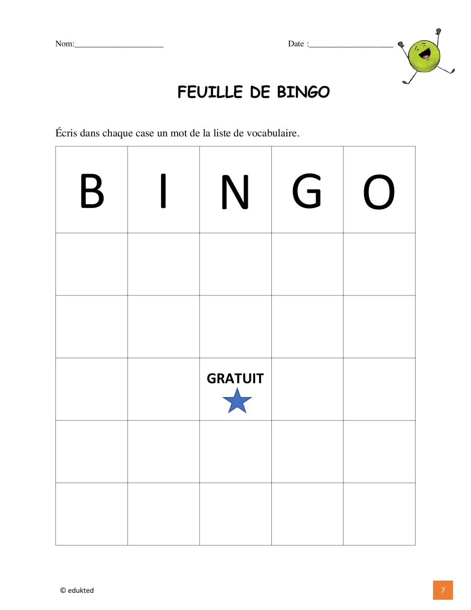 French vocabulary bingo activity asks students to fill their bingo sheet with words from the vocabulary list