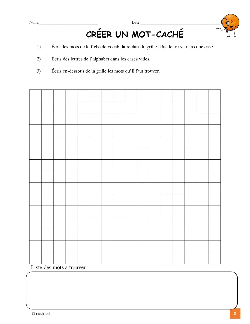 French word-search activity asks students to hide vocabulary words, add filler letters, and list words to find
