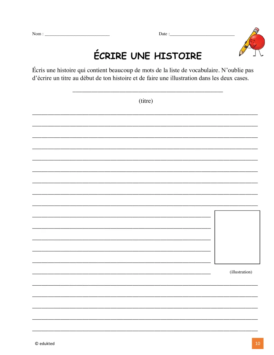 French story-writing activity asks students to use many vocabulary words, add a title, and illustrate their story