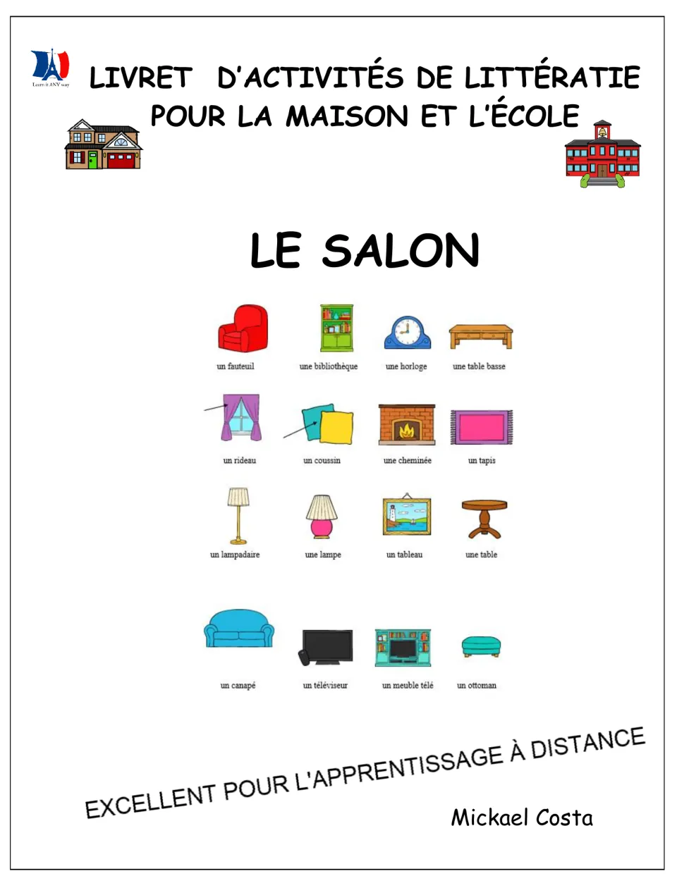French literacy booklet cover: Le salon (the living room), showing 16 labeled furnishings and household items