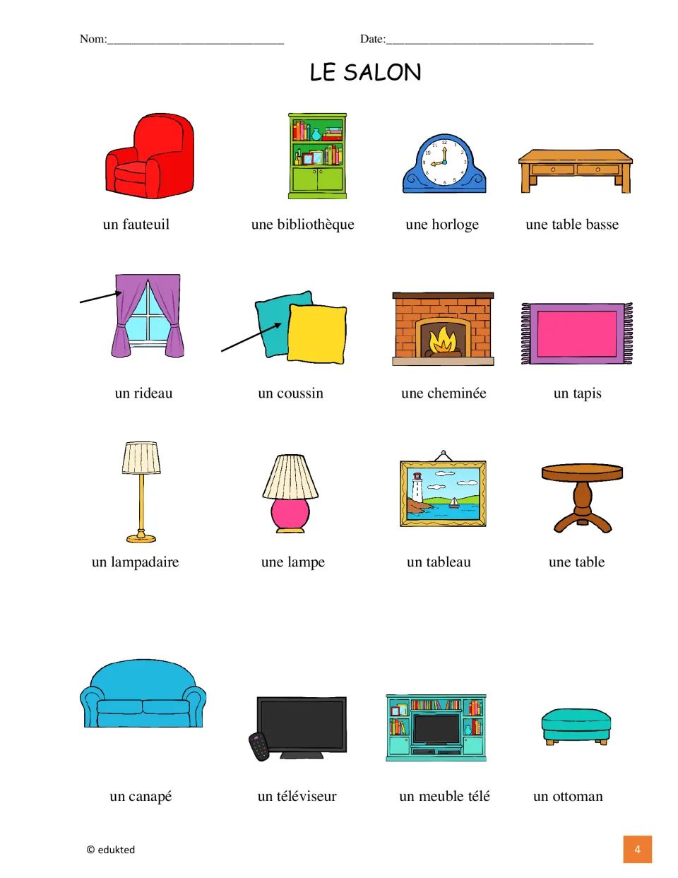 French picture vocabulary reference introduces 16 living room terms, including un fauteuil (an armchair)