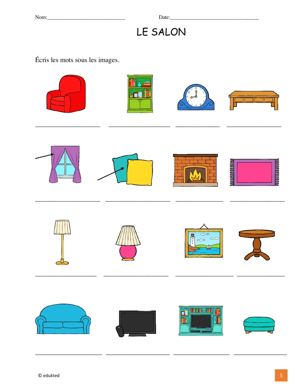 French living room labeling activity asks students to name 16 pictured items, including a sofa and a clock