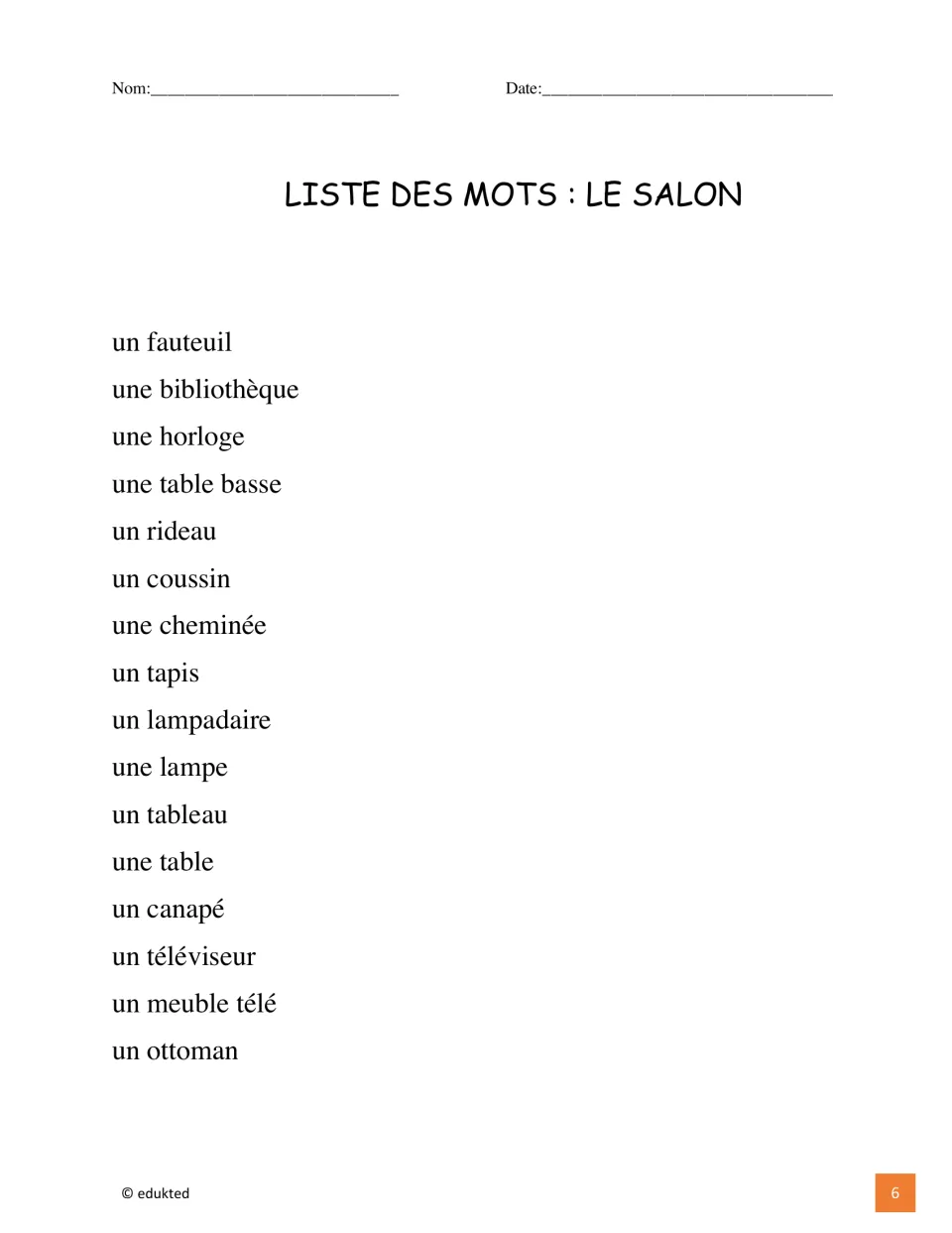 French living room word list includes 16 terms, from un fauteuil (an armchair) to un ottoman (an ottoman)