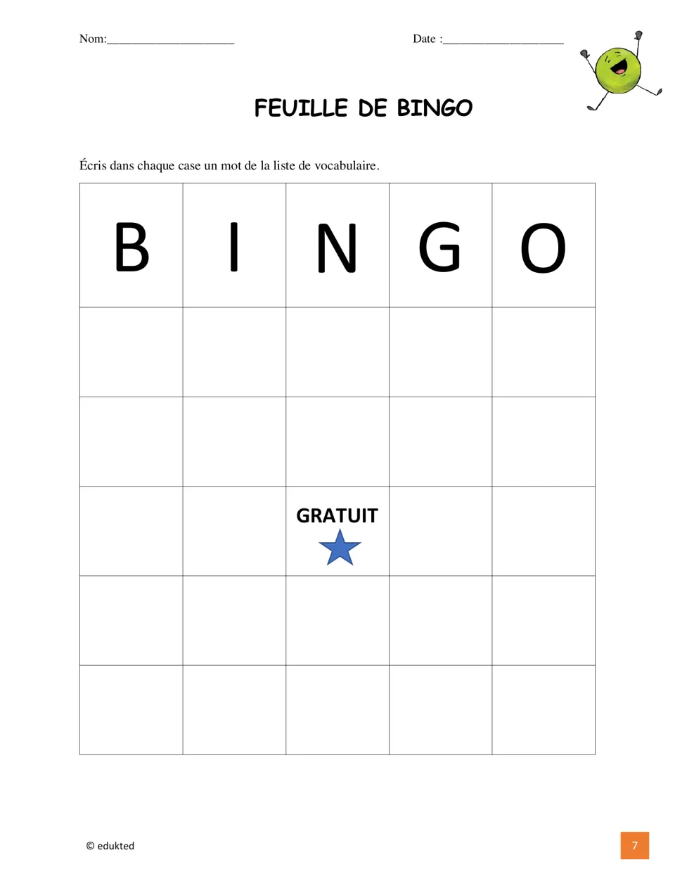 French vocabulary bingo activity asks students to fill their card with words from the living room word list